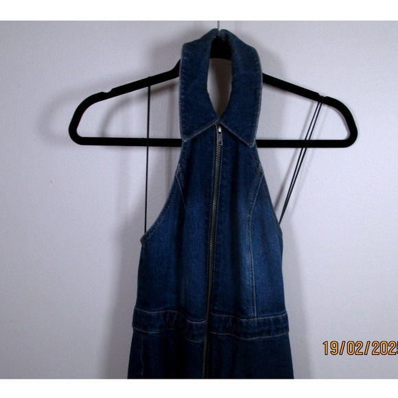 Alice + Olivia Jeans Jumpsuit Size 24 Denim Dark Halter Neck Full Zip Flare - Picture 7 of 14